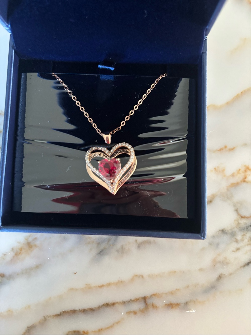 Rose Gold Heart Pendant Necklace with Red Stone